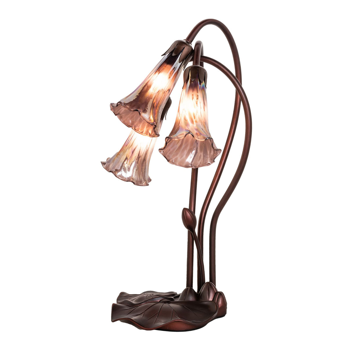 16-inch high purple iridescent Tiffany Pond Lily 3 light accent lamp with intricate stained glass design.