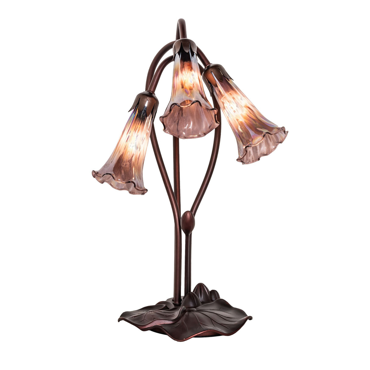 Rear view of a purple iridescent Tiffany Pond Lily accent lamp displaying its elegant bronze stems.