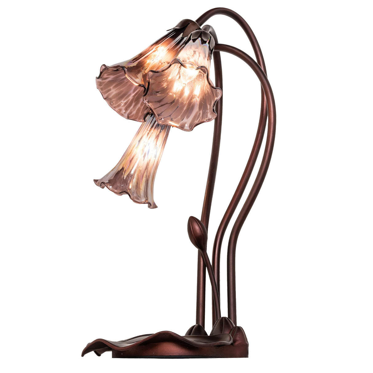 Side-angle view of a purple iridescent Tiffany Pond Lily accent lamp highlighting the bronze cast base.