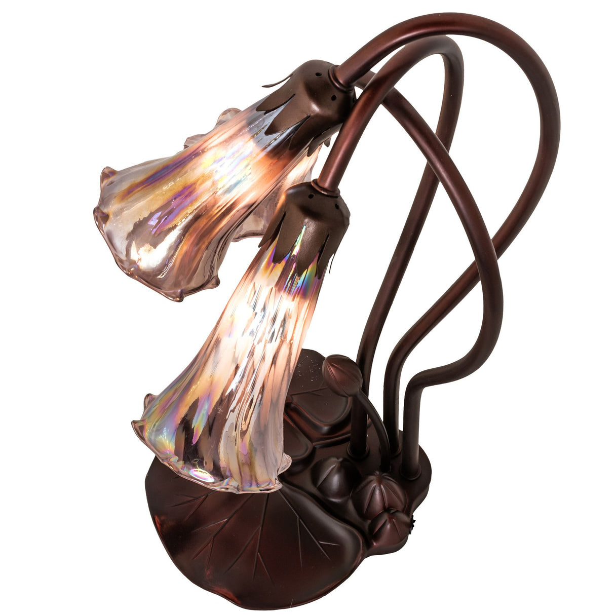 Top view of a purple iridescent Tiffany Pond Lily accent lamp with detailed floral shades.