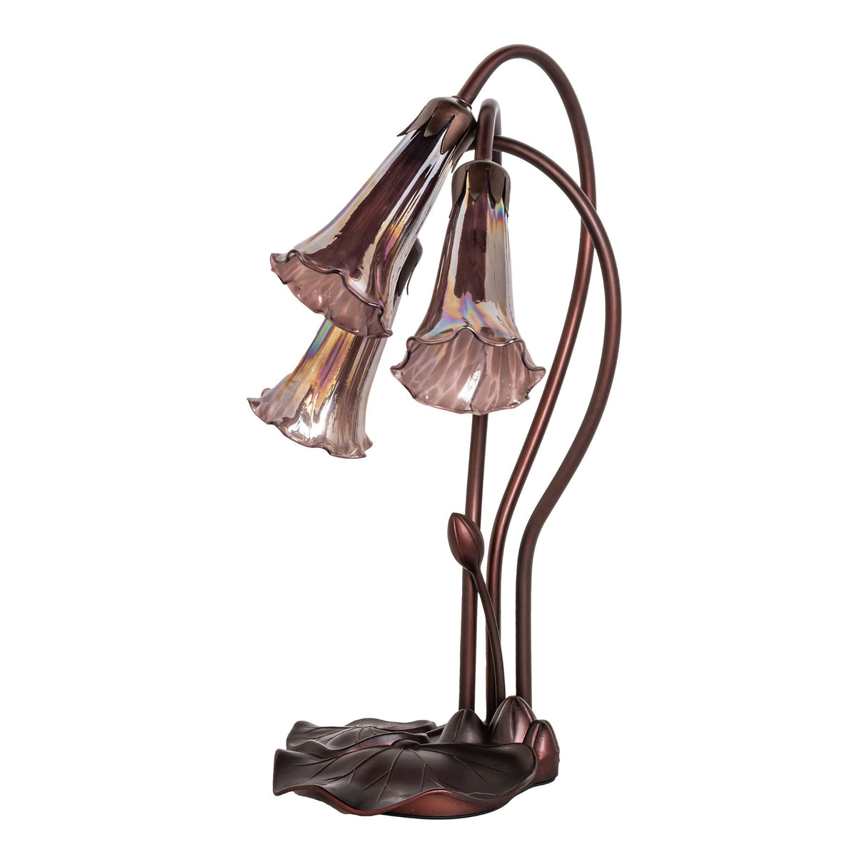Purple iridescent Tiffany Pond Lily accent lamp with unlit glass shades.