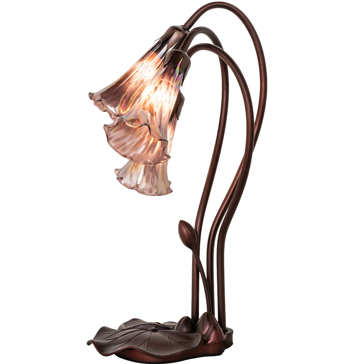 Purple iridescent Tiffany pond lily lamp with 3 glowing lily-shaped glass shades in mahogany bronze base.