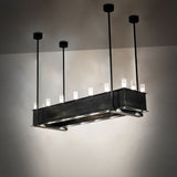 Ambient view of Quadrato 16 light oblong chandelier lit in a dark interior setting.