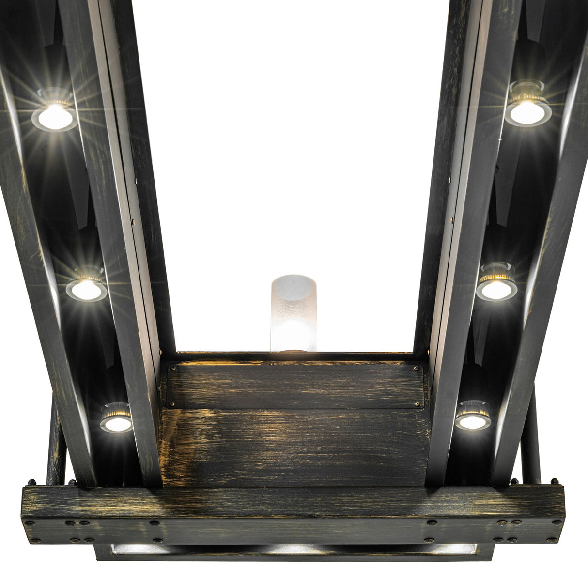 Bottom angle view of the chandelier highlighting underside spot lighting and frame texture.