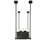 Front view of chandelier showing vertical suspension rods and frosted glass uplights.