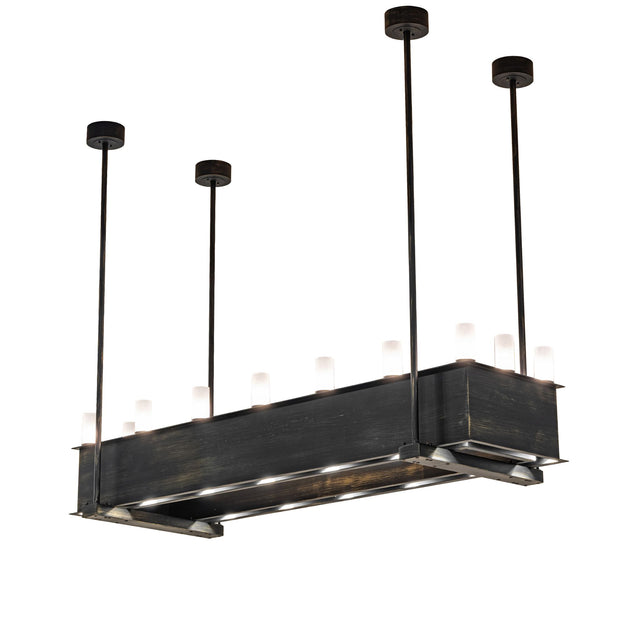 Main view of the Quadrato 16 Light oblong chandelier illuminated.
