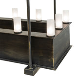 Side detail view of the chandelier showing the frosted glass cylinders and distressed metal finish.