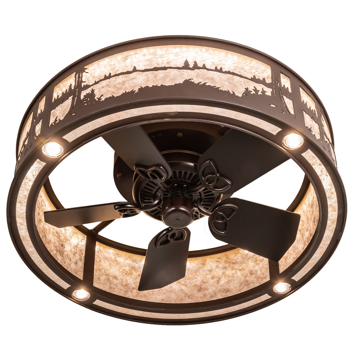 Bottom angle view showing integrated fan and glowing mica illumination.