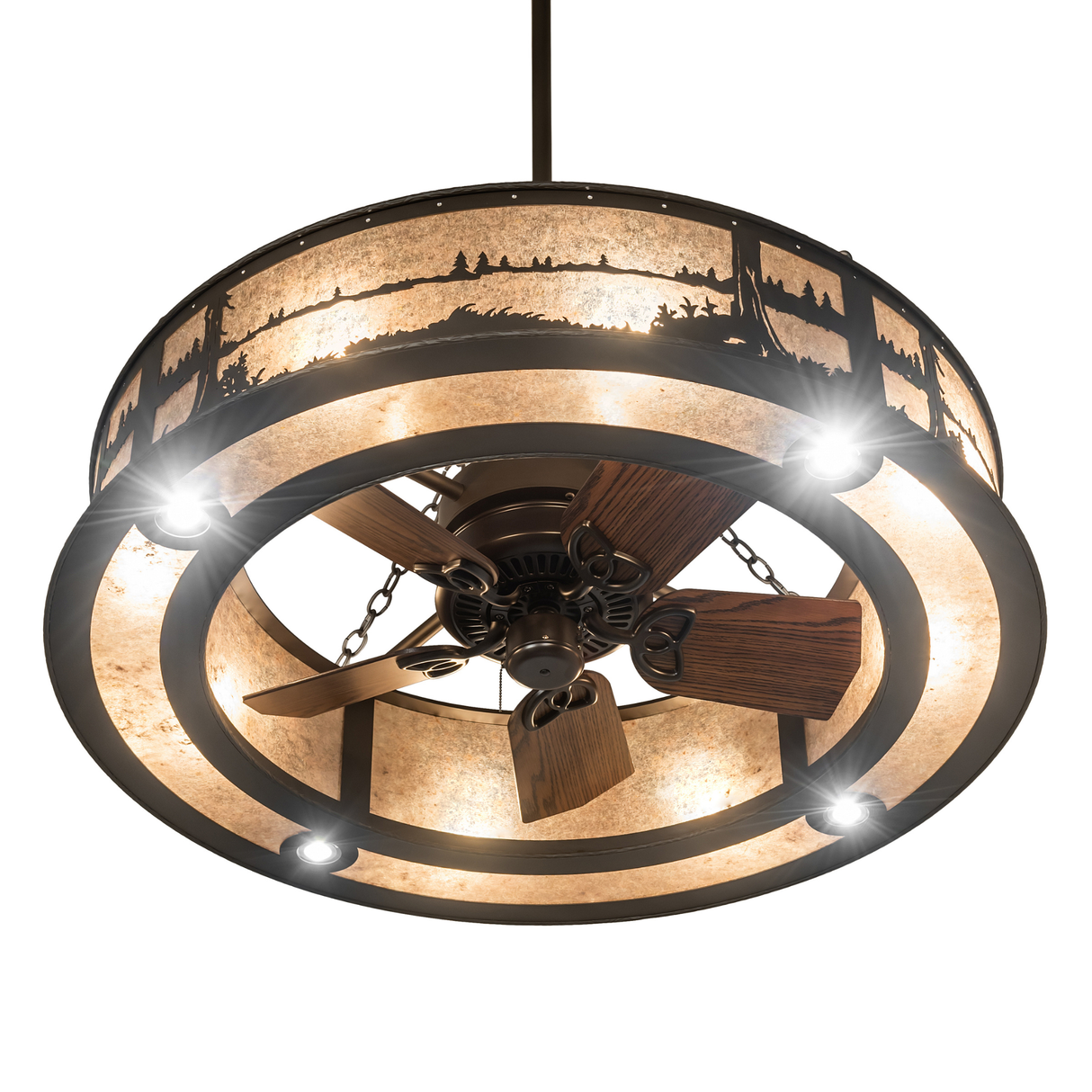 Bottom angle view with fan blades and glowing light ring.