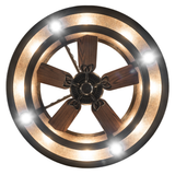 Bottom view lit angle emphasizing fan blades and LED lights.