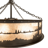Chain and canopy detail with dark bronze finish and textured mount.