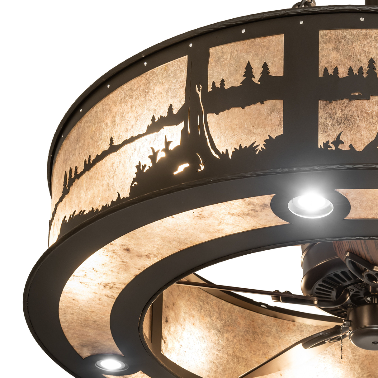 Close-up showing pond scene metal art and glowing silver mica.