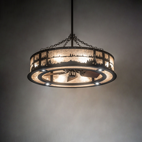 Rustic Quiet Pond Chandel-Air glowing through mica shade with bronze cutouts.