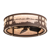 Lit angled front view of Quiet Pond Chandel-Air with forest silhouette design.