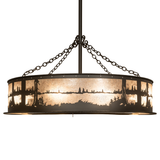 Side view showing glowing mica shade and pond-inspired cutout design.