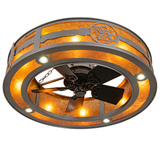 Bottom lit view showing integrated fan and circular downlights.