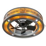 Bottom angled view showing fan blades, light ring, and warm illumination.