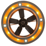Bottom view displaying fan blades and circular illuminated frame.