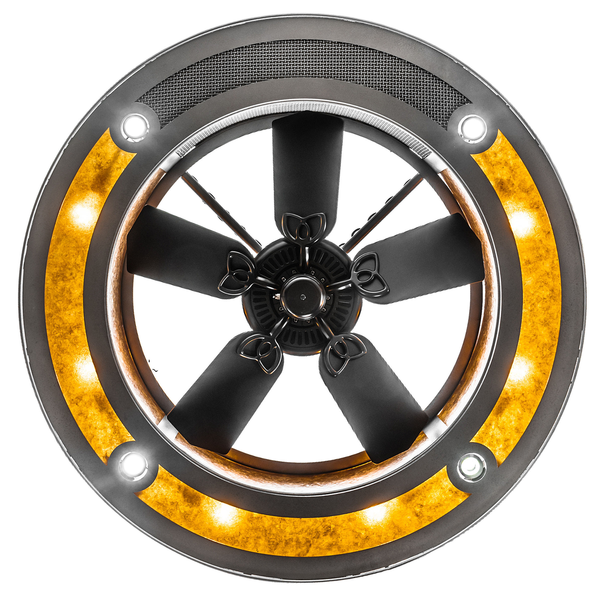 Bottom view of RBQ Chandel-Air showing integrated fan and light layout.