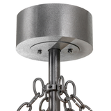 Close-up of silver canopy, rod, and chain suspension.