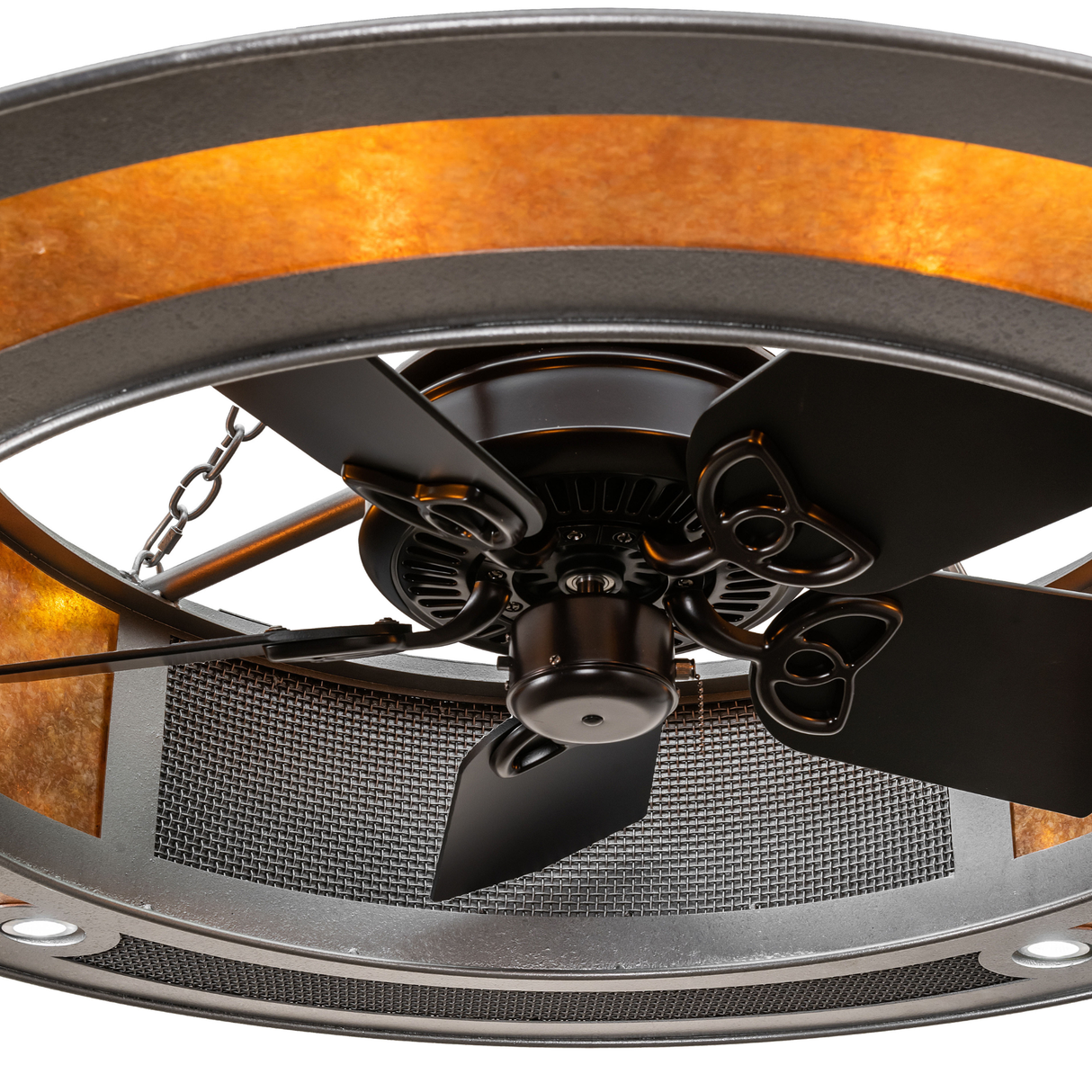 Close-up of RBQ Chandel-Air fan blades and glowing amber diffuser.