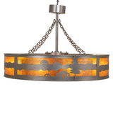 Side view featuring mountain, tree, and cabin silhouette design.
