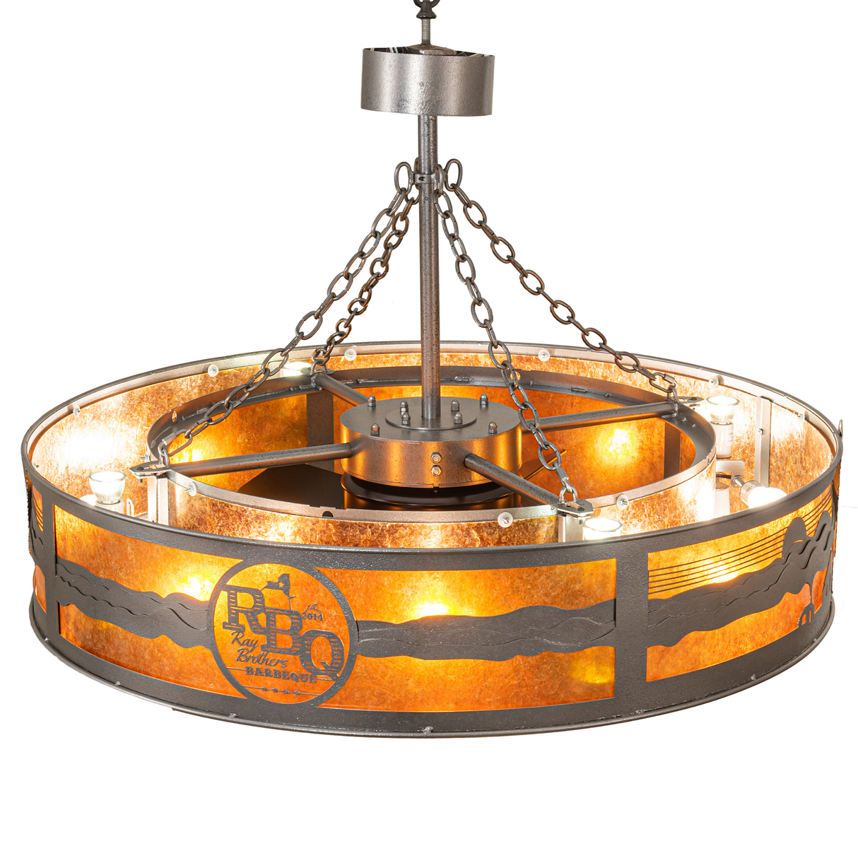 Overhead lit view showing bulbs, fan mount, and chain support system.