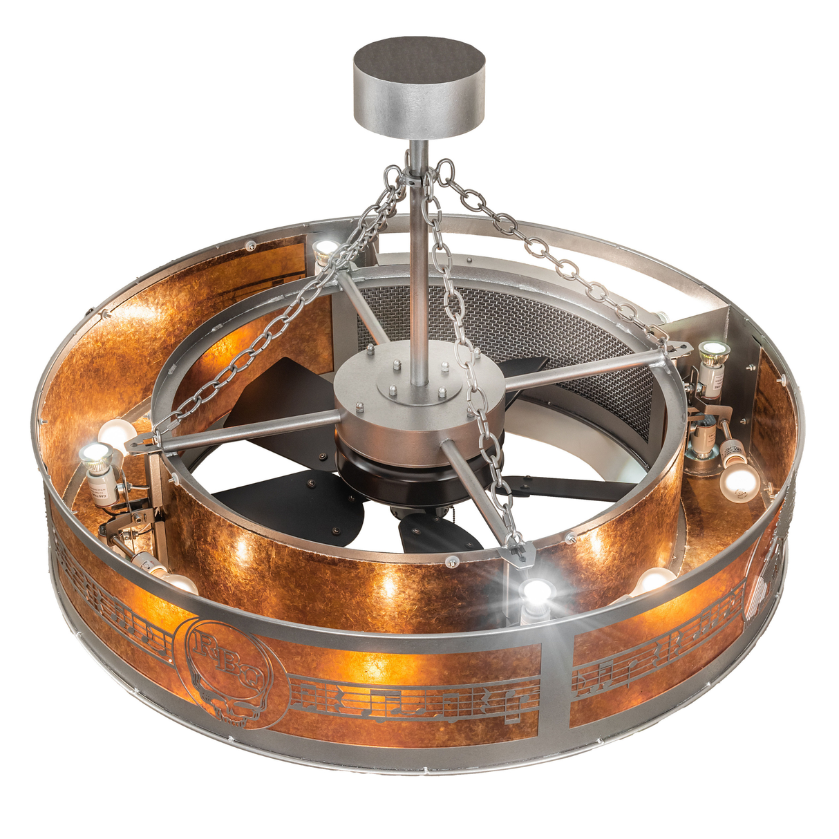 Top angled view showing fan mount, bulbs, and chain suspension.