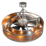Top angled view showing fan mount, bulbs, and chain suspension.