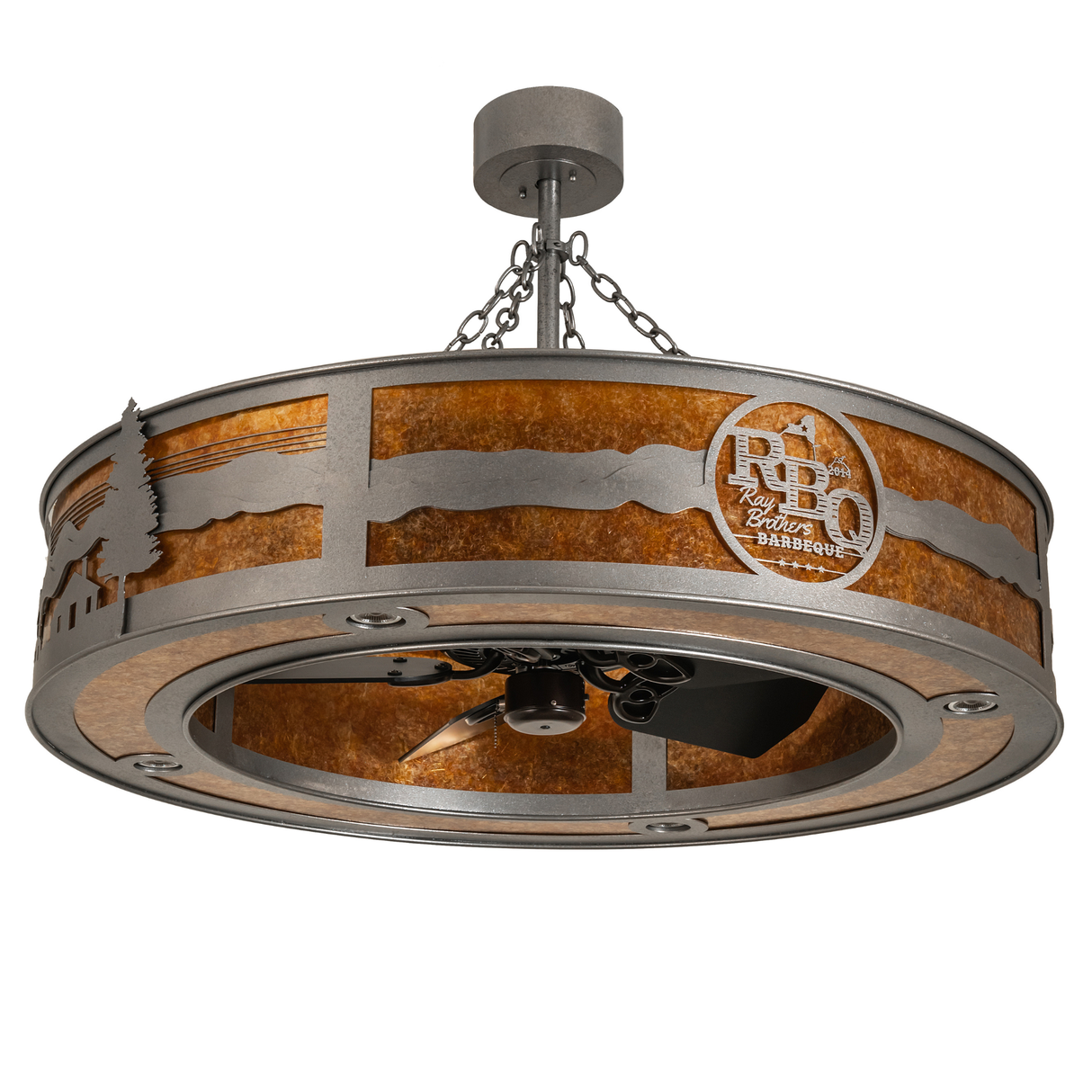 Unlit front angle showing RBQ logo and mountain landscape cutout design.