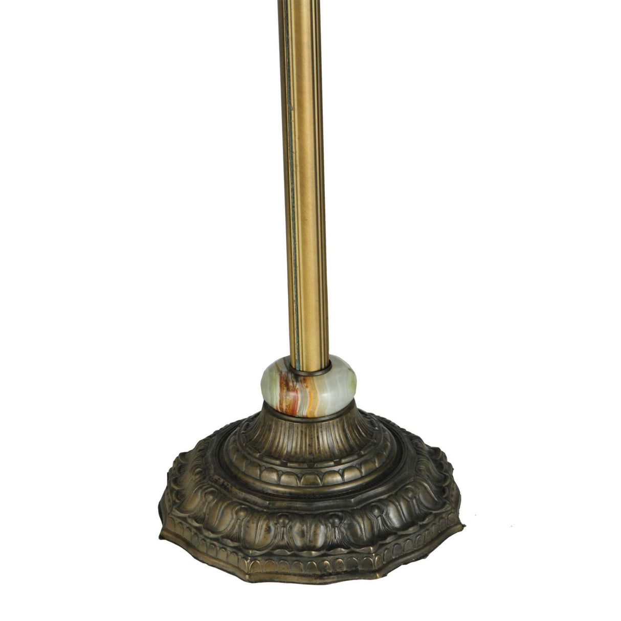 Close-up of the detailed brass lamp base with carved accents.