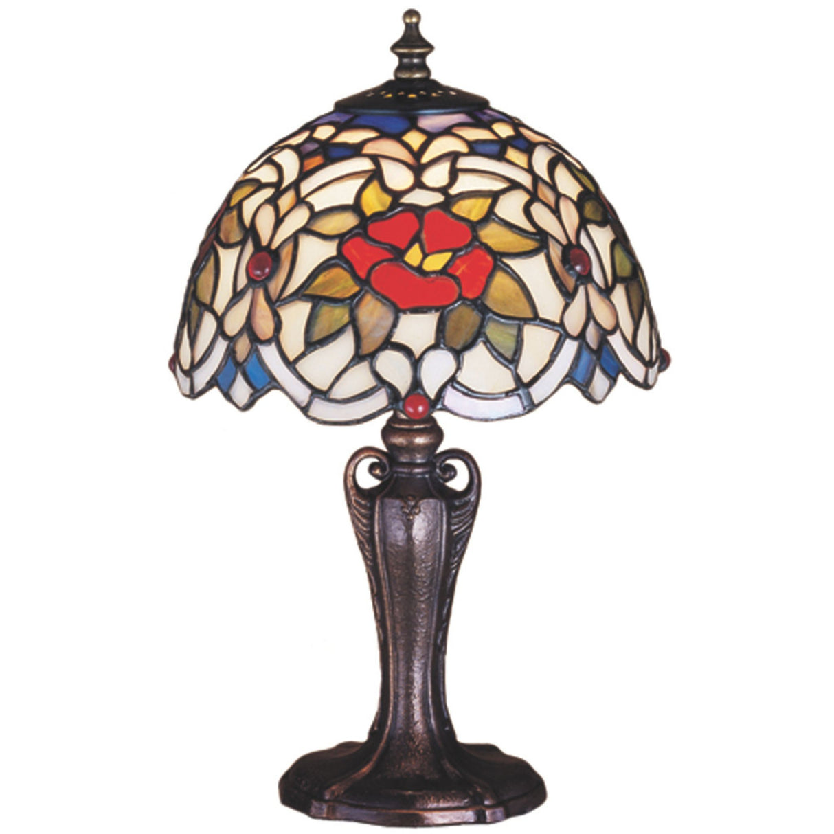 An elegant stained glass lamp with a flower pattern in warm autumn tones and unique craftsmanship.