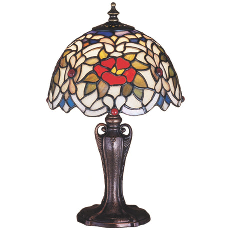 An elegant stained glass lamp with a flower pattern in warm autumn tones and unique craftsmanship.