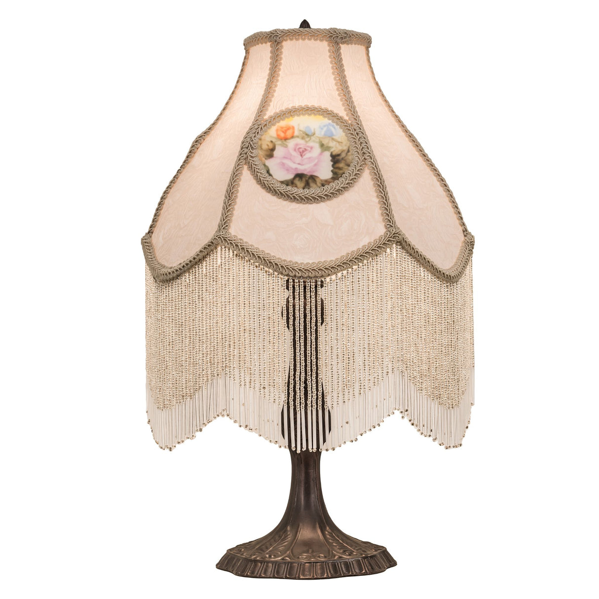 Side view of the reverse-painted roses table lamp showcasing intricate floral medallion.