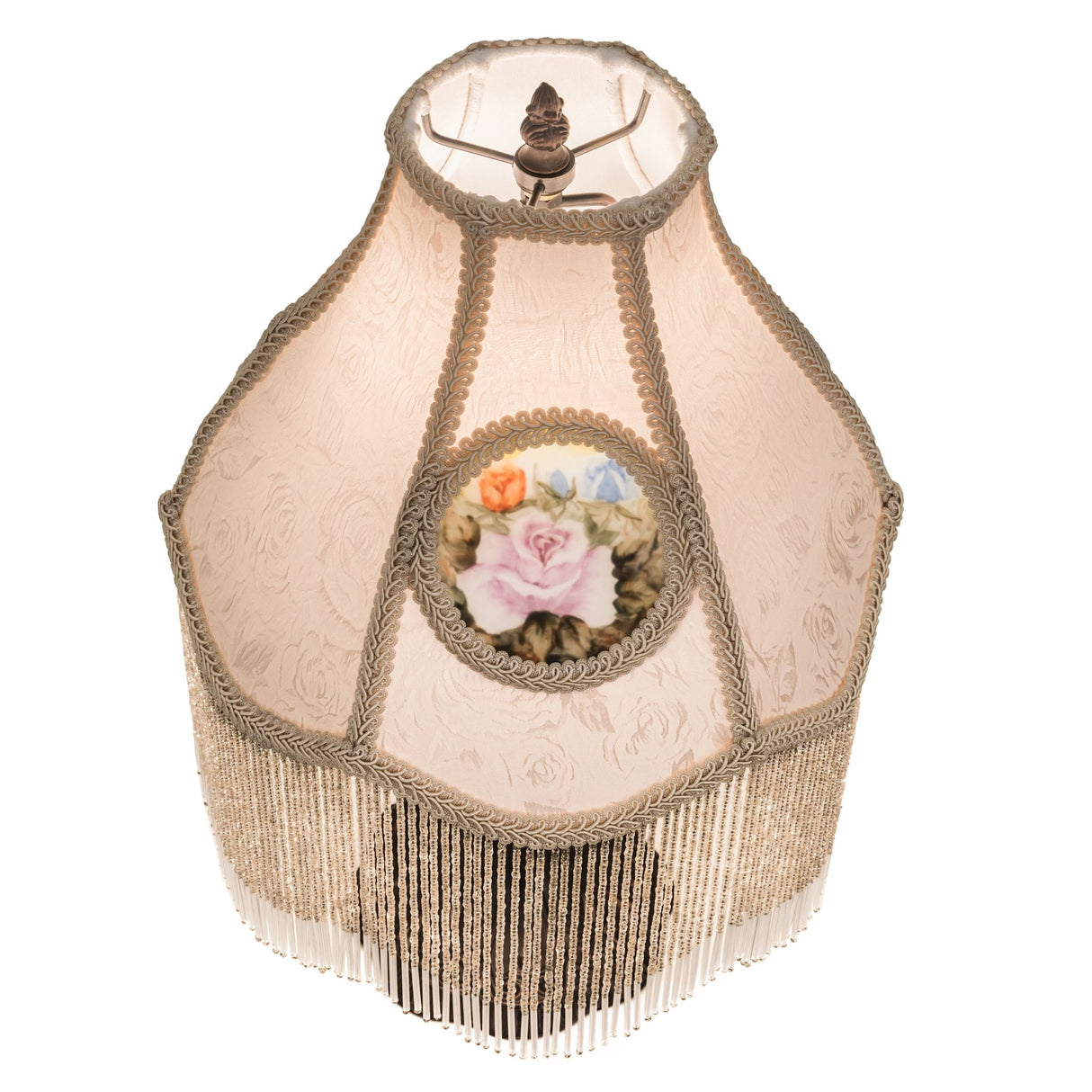 Top angle of the reverse-painted roses table lamp highlighting the ivory textrene shade.