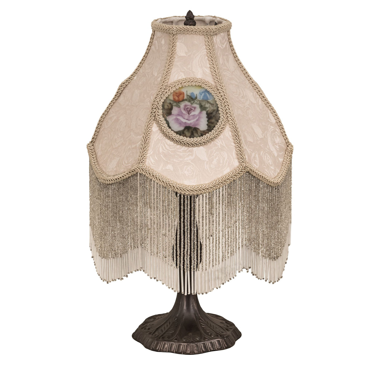 Unlit view of the 20-inch Reverse Painted Roses Table Lamp with fringe and floral details.