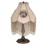 Unlit view of the 20-inch Reverse Painted Roses Table Lamp with fringe and floral details.