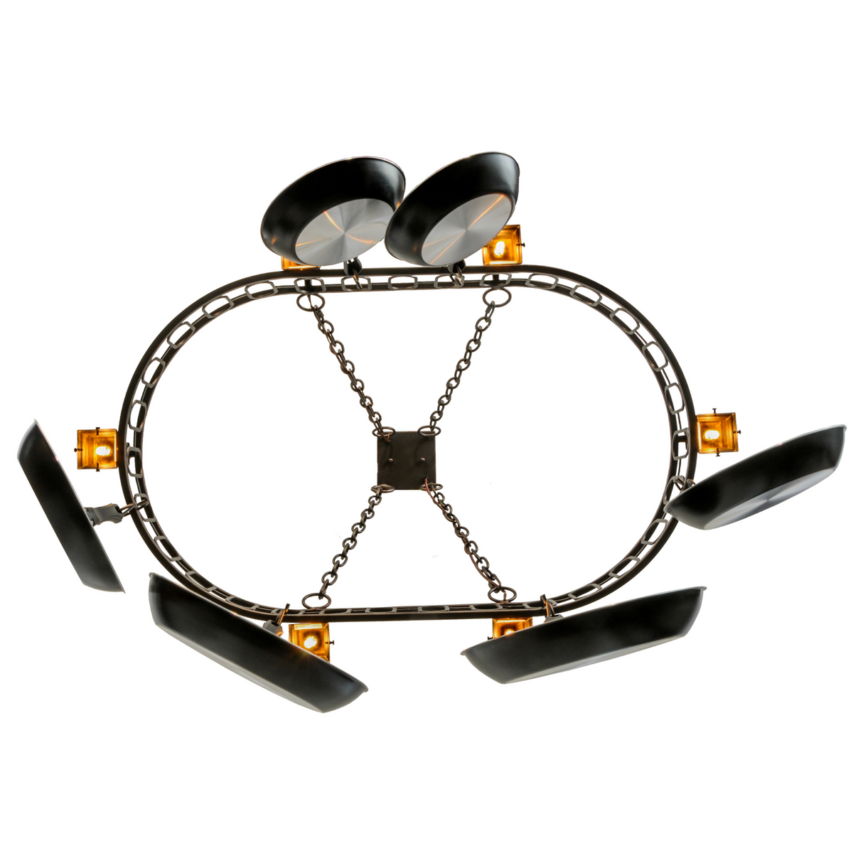 Bottom view showing light placement and hanging cookware layout.