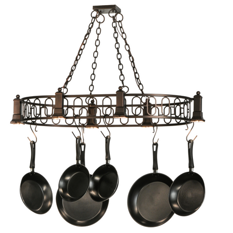 Front view of 43" long Revival Deco 6 light pot rack chandelier.
