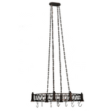Full length hanging view of Revival Deco pot rack chandelier.