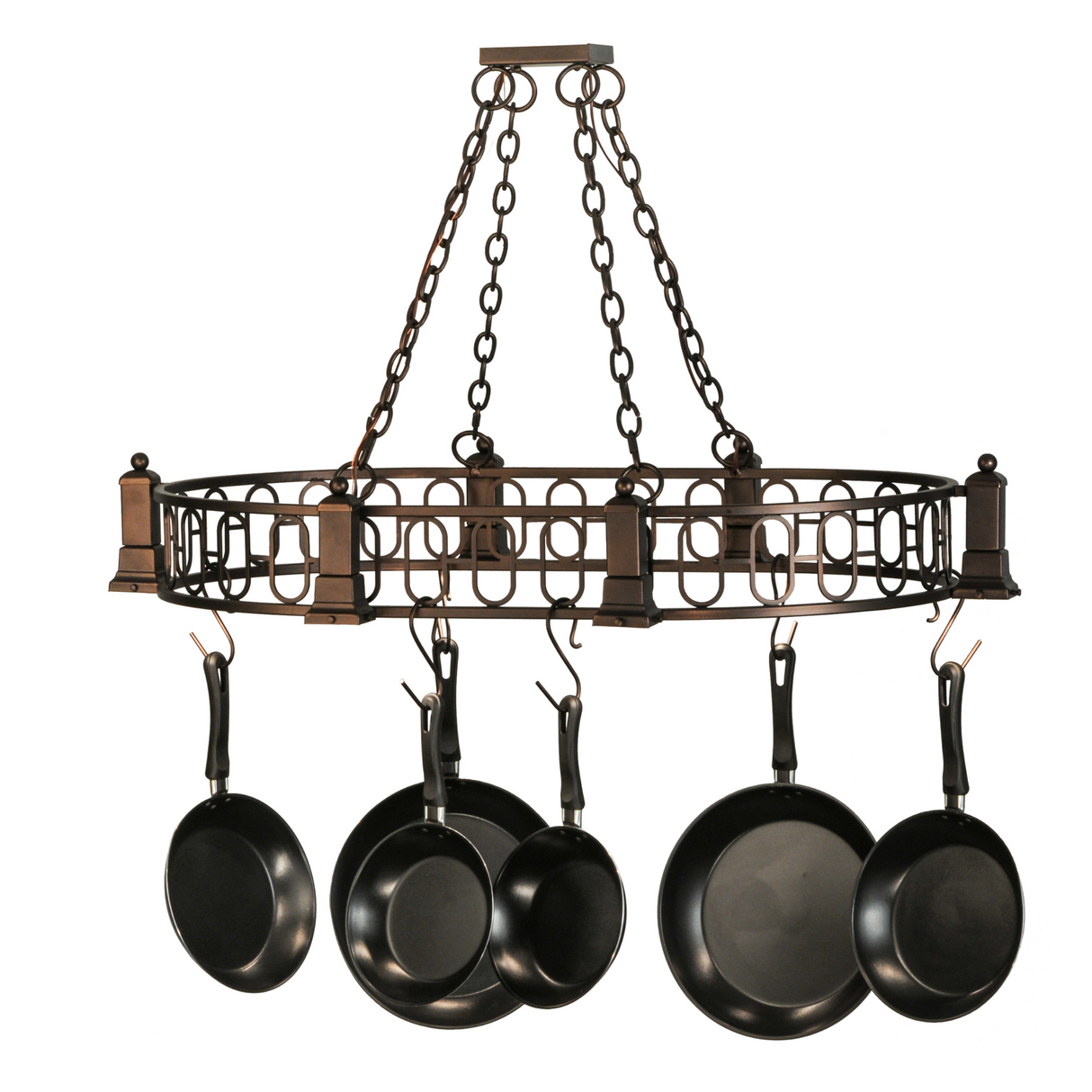 Left angled view highlighting oval motifs and cookware hooks.