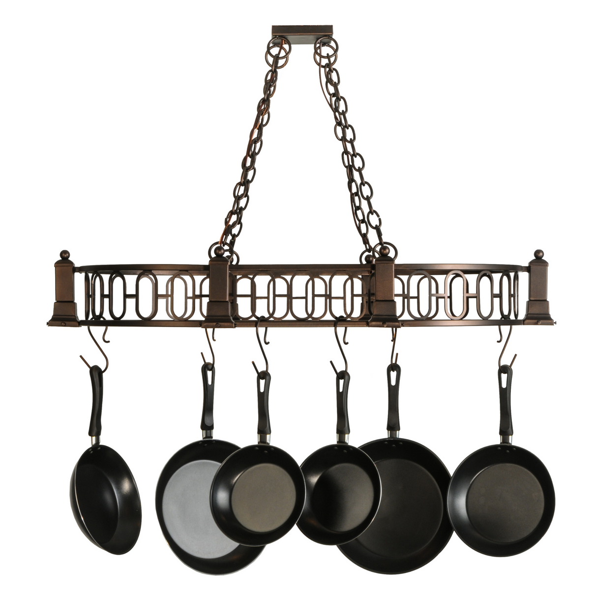 Side view of oval frame chandelier with six halogen downlights.