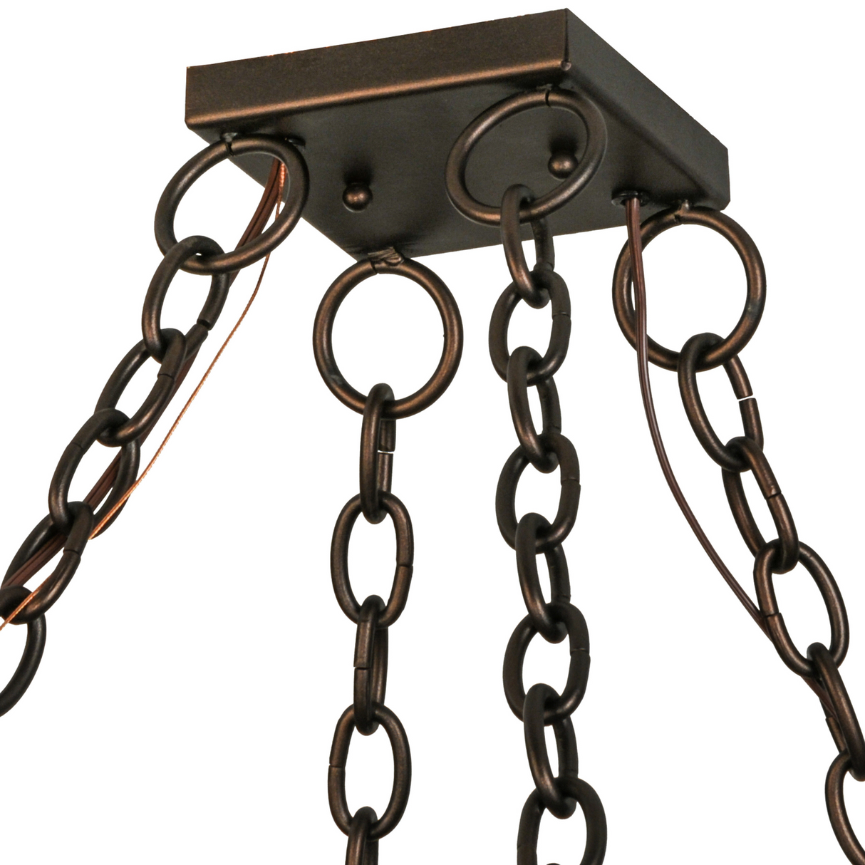 Close-up of ceiling chain and mounting plate of chandelier.