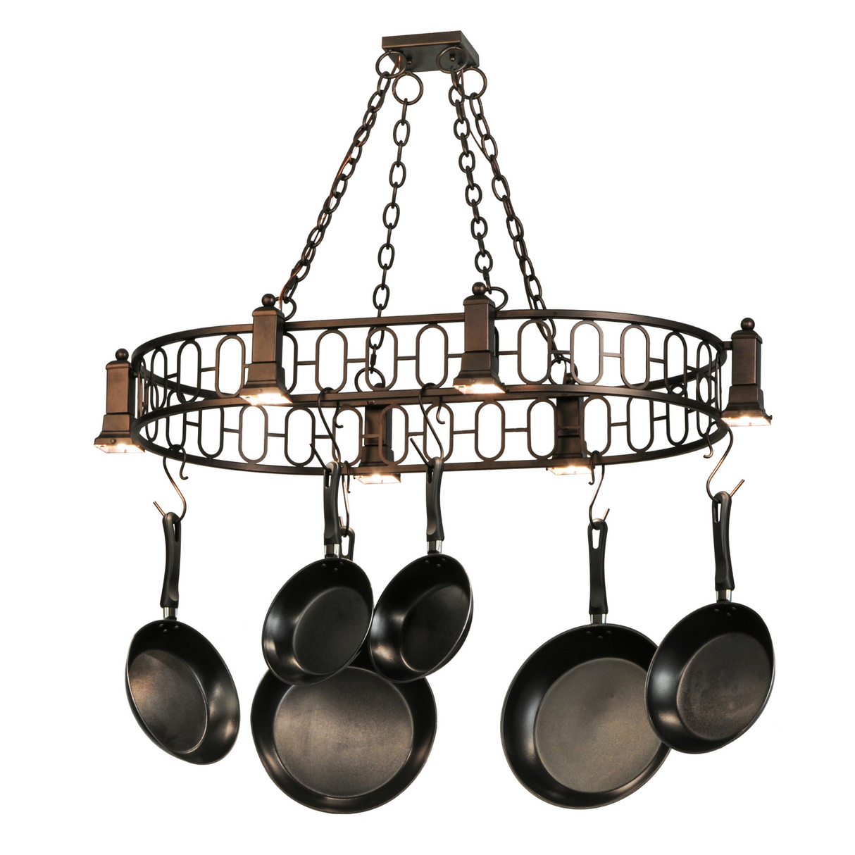 Lit angle view of mahogany bronze 6 light pot rack chandelier.