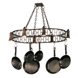 Lit angle view of mahogany bronze 6 light pot rack chandelier.
