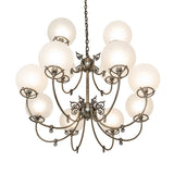 Bottom angle view of 12-light chandelier showing globe layout and central structure.
