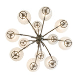 Bottom view of Revival chandelier displaying circular arm pattern and glass globes.