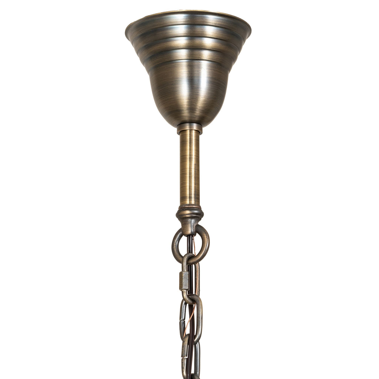 Canopy view of Revival gas and electric chandelier with antique brass ceiling mount.