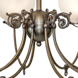 Detailed view of central body with decorative scrollwork and antique brass finish.