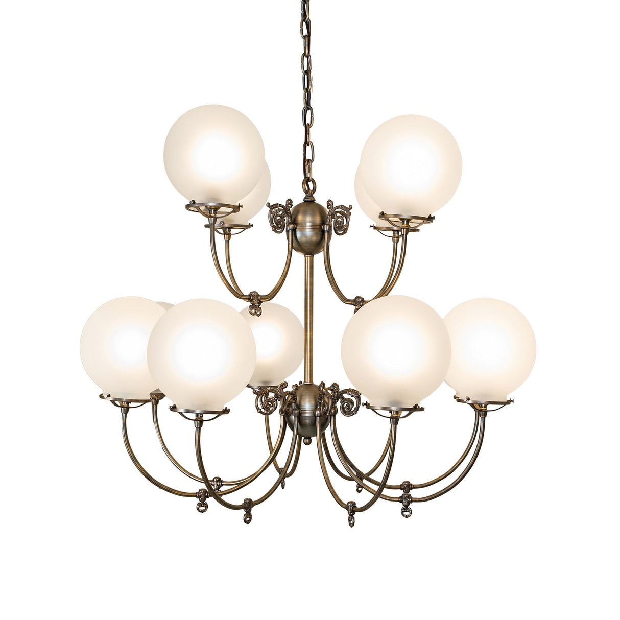 Side view of Revival 12-light chandelier with curved arms and globe glass shades.